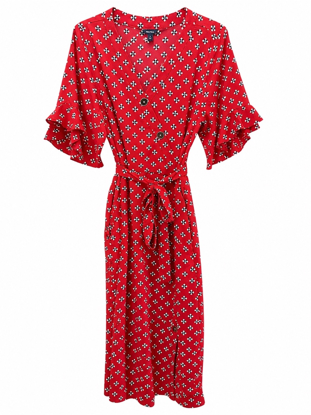 Nautica Red Floral Wrap Midi Dress with Tie Waist